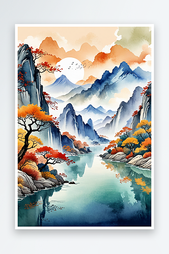 复古画画轴水彩风格山河秋色插画背景图