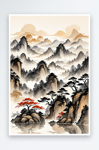 淡彩古典传统中式风水墨山水画
