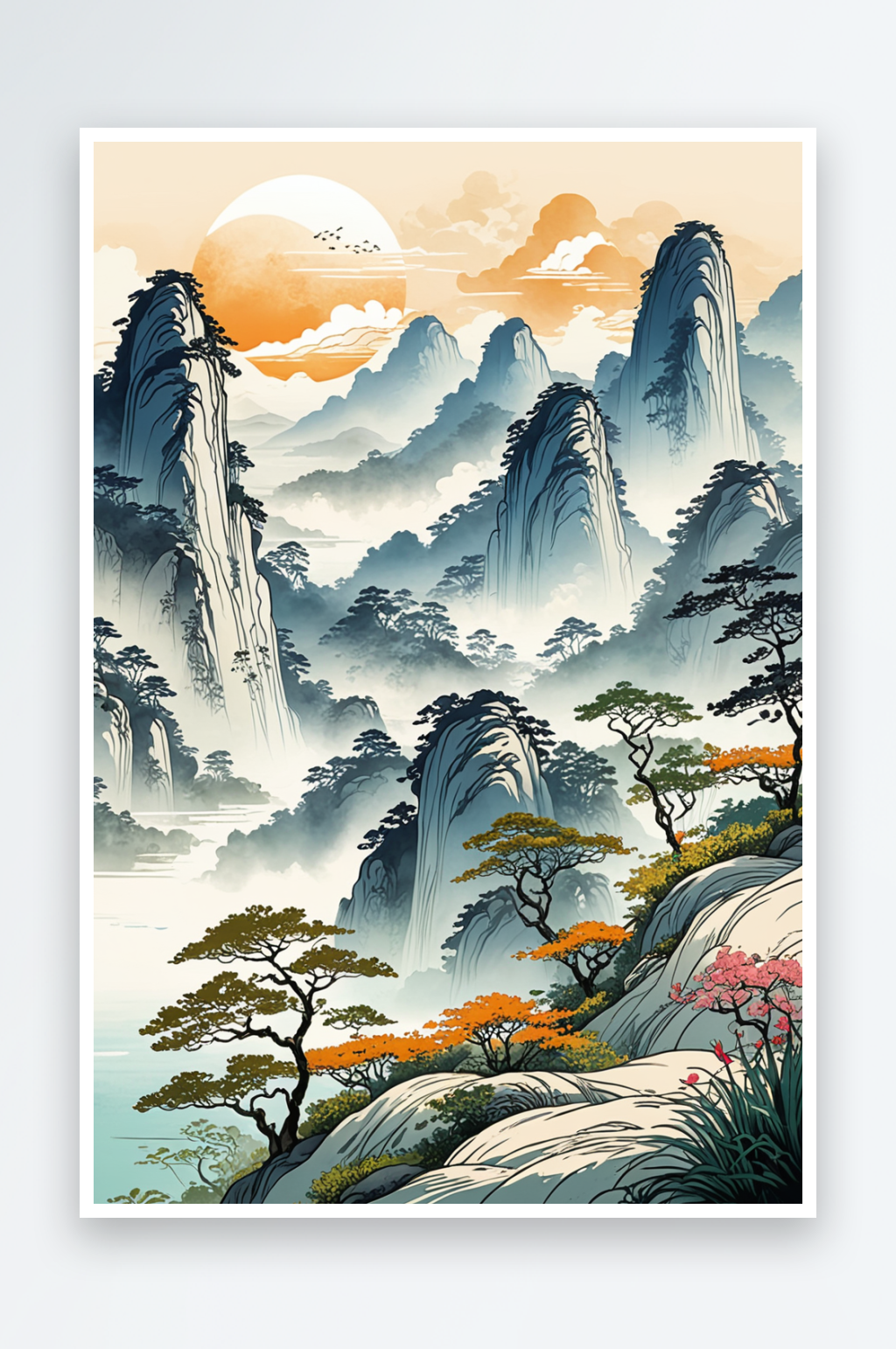 大暑节气中式风小清新水墨风格山水插画素材