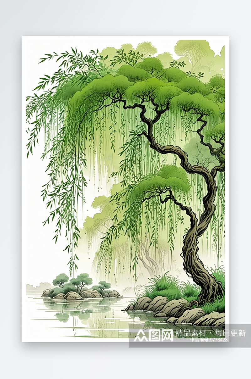 垂柳风水墨画谷雨清明节气背景插图传统文化素材