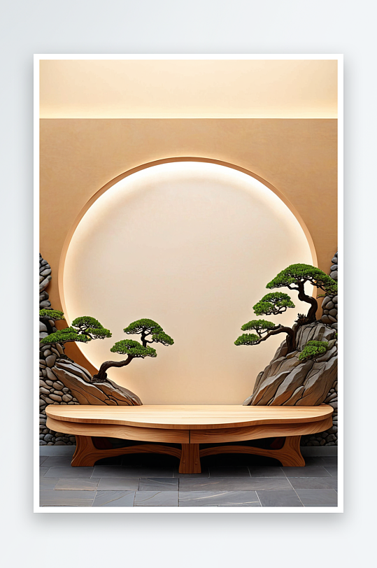 中式盆景假山背景墙木质平台展台