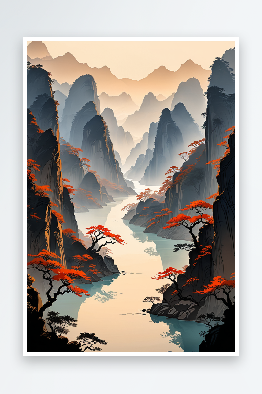 中画风格峡谷风光素材
