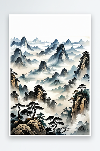 中古画高山云雾水墨画