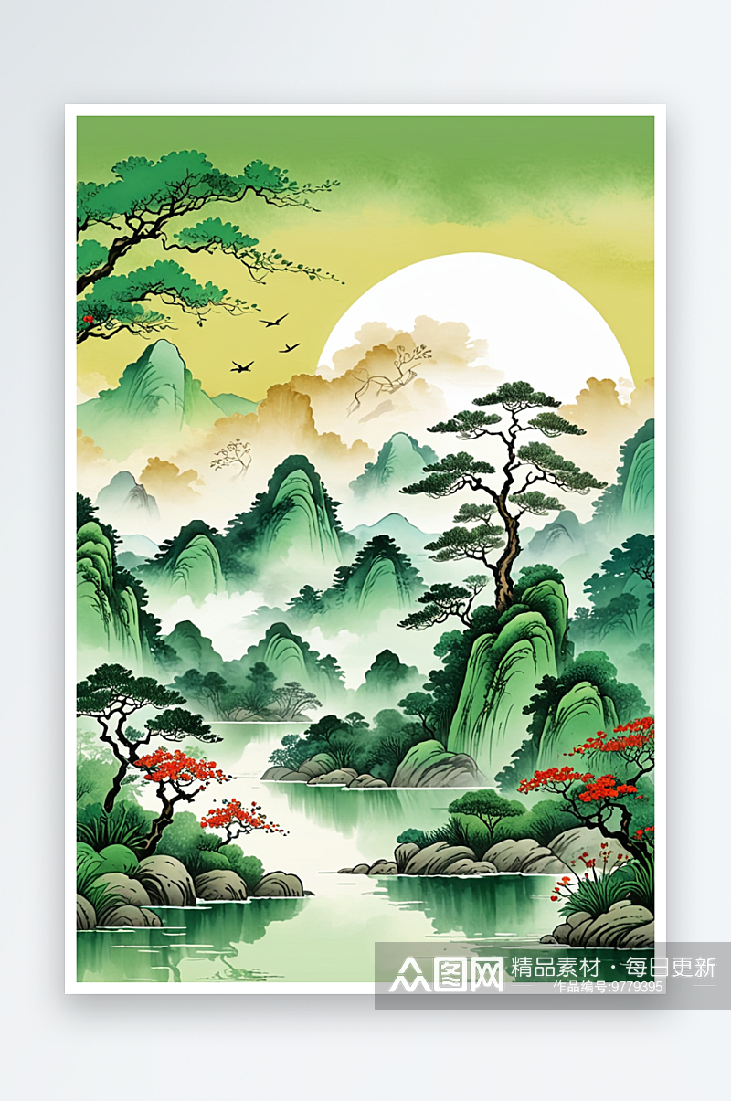 中风新中式古风中画青绿山水画背景素材