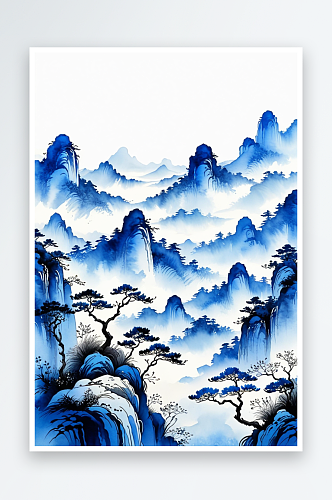 竖幅背景蓝色中山水水墨画