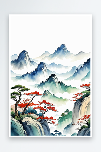 复古画画轴水彩风格山水插画背景图