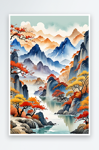 复古画画轴水彩风格山河秋色插画背景图