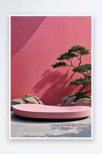 中式假山石粉色展台背景墙