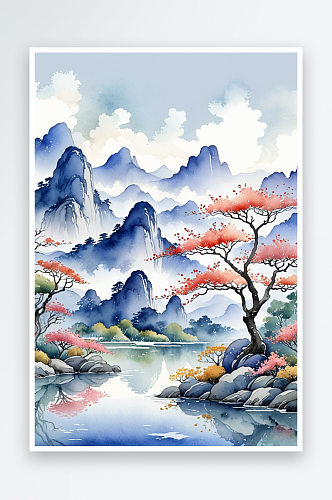 手绘中风小清新水彩风格山水风景插画