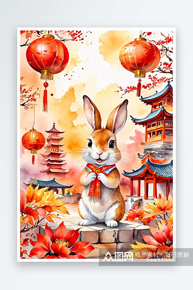 中式建筑可爱的兔子庆祝传统中秋佳节素材