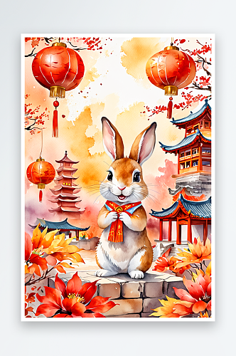 中式建筑可爱的兔子庆祝传统中秋佳节