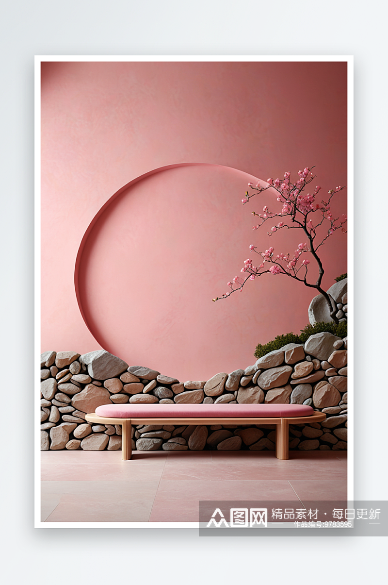 中式式假山石粉色展台背景墙素材