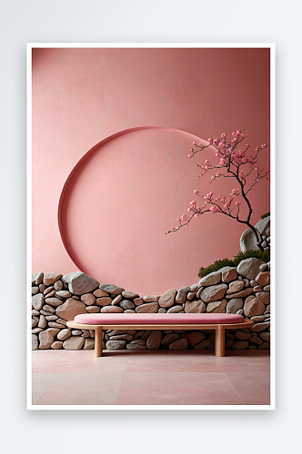 中式式假山石粉色展台背景墙