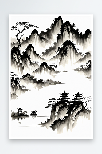 中式山水水墨画手机竖版