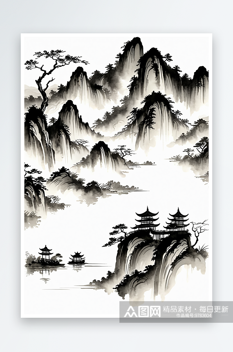 中式山水水墨画手机竖版素材