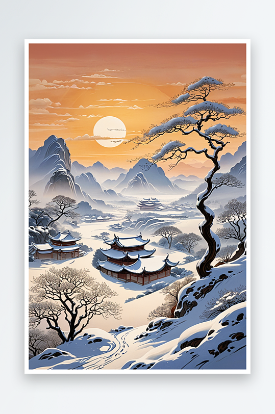 中式风山水画冬季风景