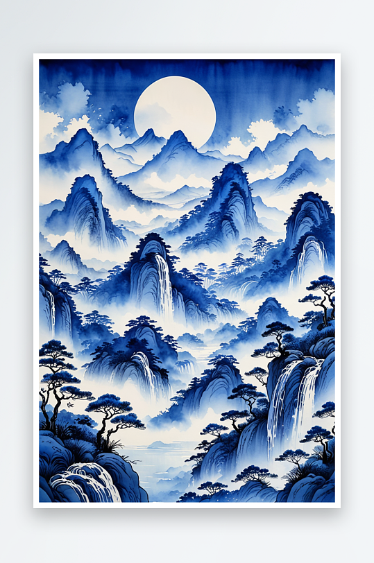 中式风蓝色水墨山水画层叠风景插画