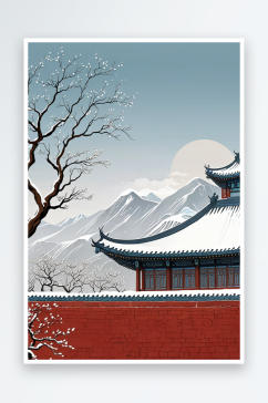 中式风冬天户外古建筑手绘插画