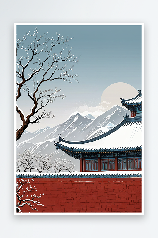 中式风冬天户外古建筑手绘插画