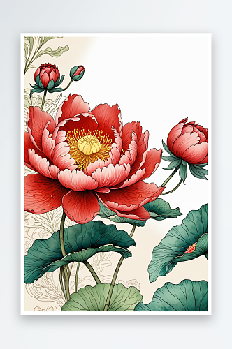 中式彩色写意水墨画牡丹荷花手机竖版