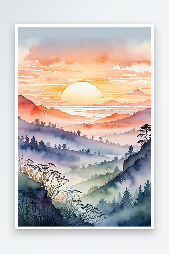 竖幅扁平水彩画丽的日出在晨雾中式
