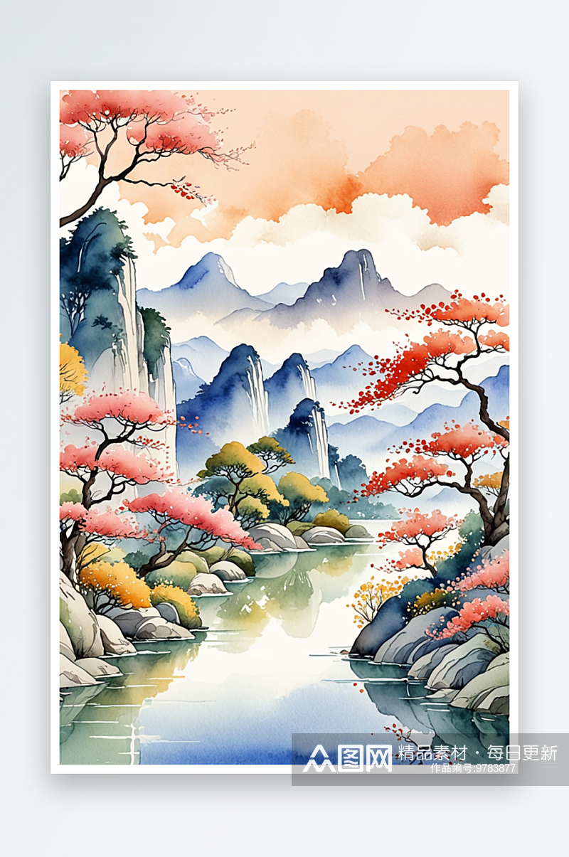 手绘中式风小清新水彩风格山水风景插画素材