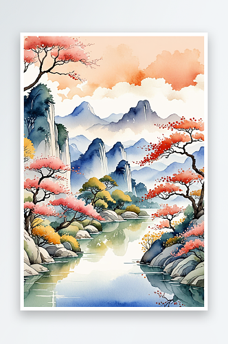 手绘中式风小清新水彩风格山水风景插画