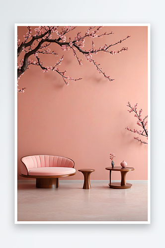 梅花桃花粉色背景墙与圆形平台展台