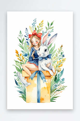 坐在礼物盒上的少女和玩偶兔手绘水彩插画