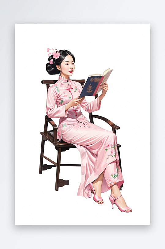 坐在官帽椅上看书的穿米粉色旗袍的民人