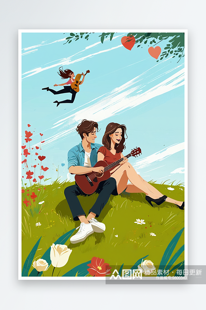 坐在草坪上弹吉他约会的青年男女素材
