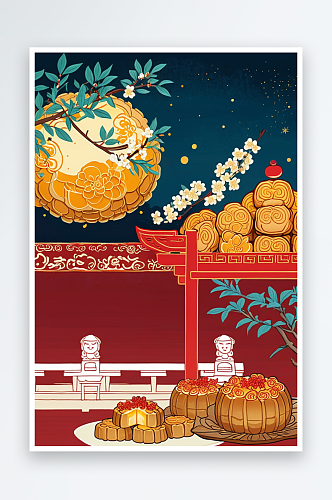 中秋节夜晚桂花树下的月饼和大闸蟹