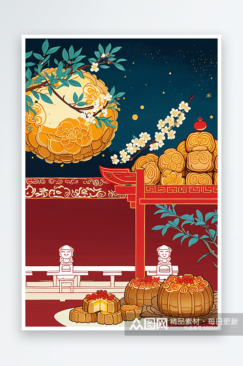 中秋节夜晚桂花树下的月饼和大闸蟹素材