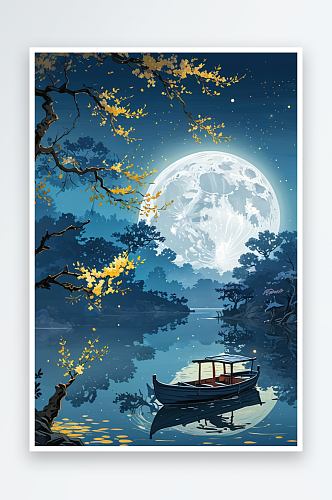 中秋桂花树下湖面上圆月的倒影和小船