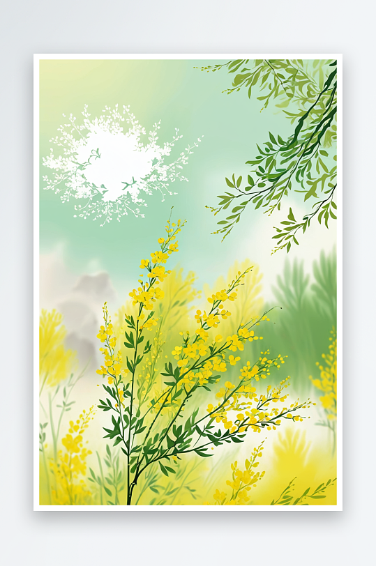 中风春天的油菜花和柳叶插画户外小清新风景