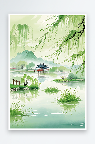 中风插画清明节寒食节春天山水垂柳风景画竖