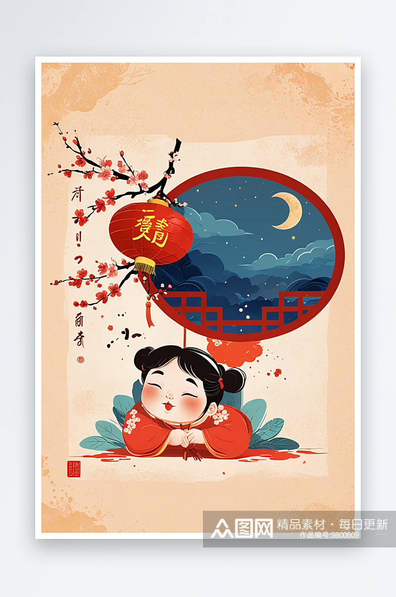 正月初三春节吃饱睡好年俗插画海报素材