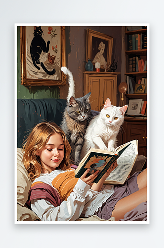 宅家看书撸猫图片