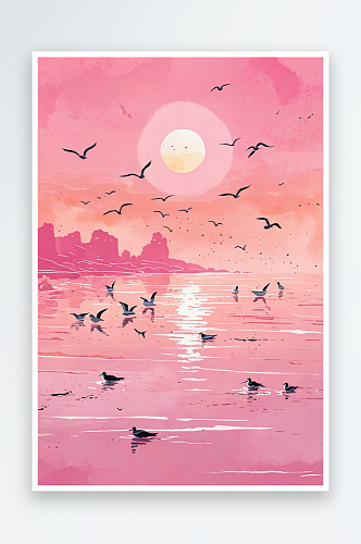 早晨太阳挂在粉色的天空上几只海鸥停在暗礁