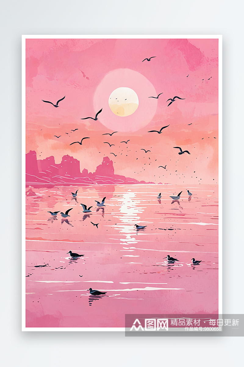 早晨太阳挂在粉色的天空上几只海鸥停在暗礁素材