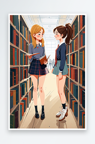 在图书馆相遇的两个女孩
