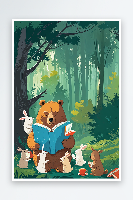 在森林里给兔子读故事书的熊
