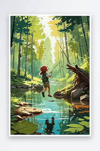 在森林里钓鱼的小女孩