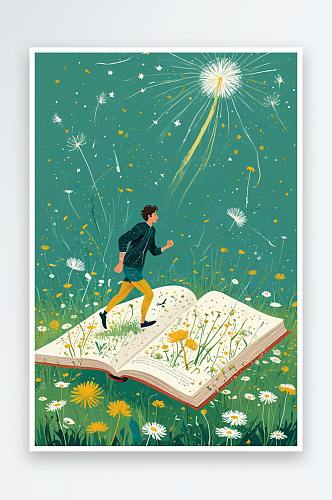 在蒲公英草地上书本上奔跑的人与星星插画