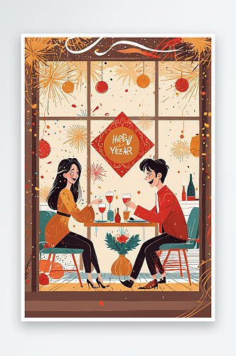 在家里庆祝新年吃年夜饭的两个人