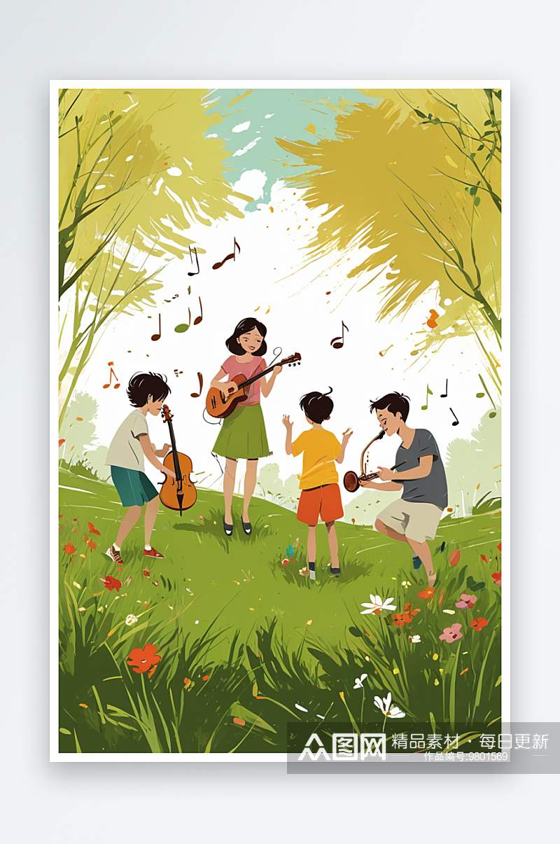 在草地上一起弹奏音乐的大人和小孩素材