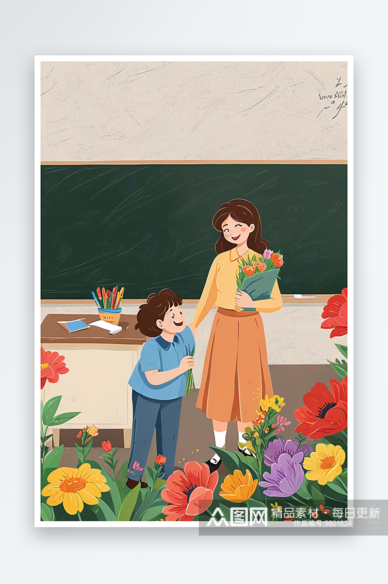 月日教师节小学生教室里黑板前给老师献花素材