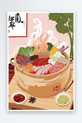 有很多食材的热气腾腾的火锅涮肉手绘插画