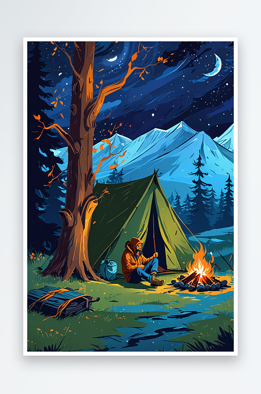 有篝火和帐篷的夜晚露营插画壁纸