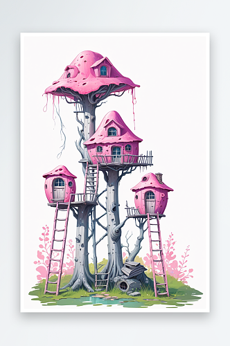 有毒的粉红色真菌房子有木梯子和圆形窗户